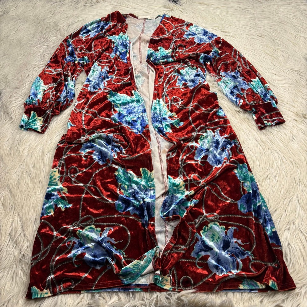 Love In Women's S Velvet Floral Long Line Duster Cardigan Boho Festival Whimsy